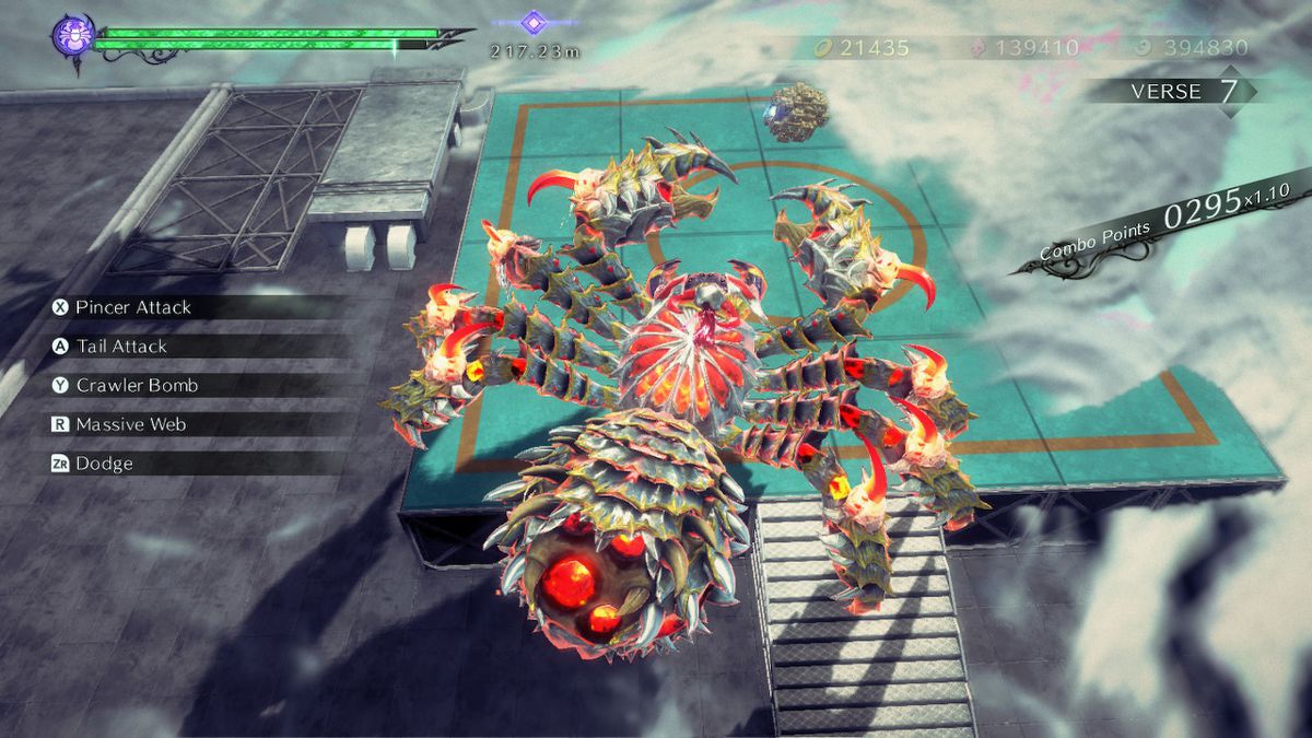 A giant spider crab stands over a tennis court in Bayonetta 3.