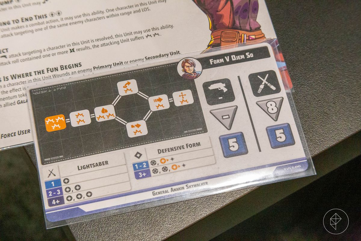 Another side of Anakin’s card, showing defensive and offensive skills. From Star Wars: Shatterpoint.