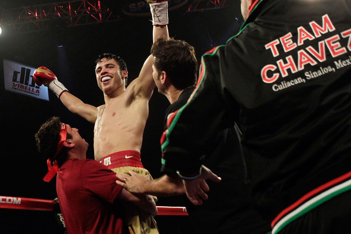 Julio Cesar Chavez Jr will have a weight advantage on fight night, and Sergio Martinez's trainer hopes he really packs on the pounds. (Photo by Bob Levey/Getty Images)