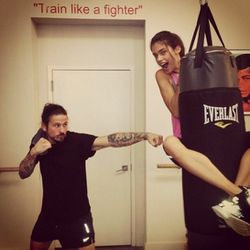 Sara Sampaio gives the bag a break at Gotham Gym. [<a href="http://instagram.com/p/gi8o2LBID3/">Photo</a>]