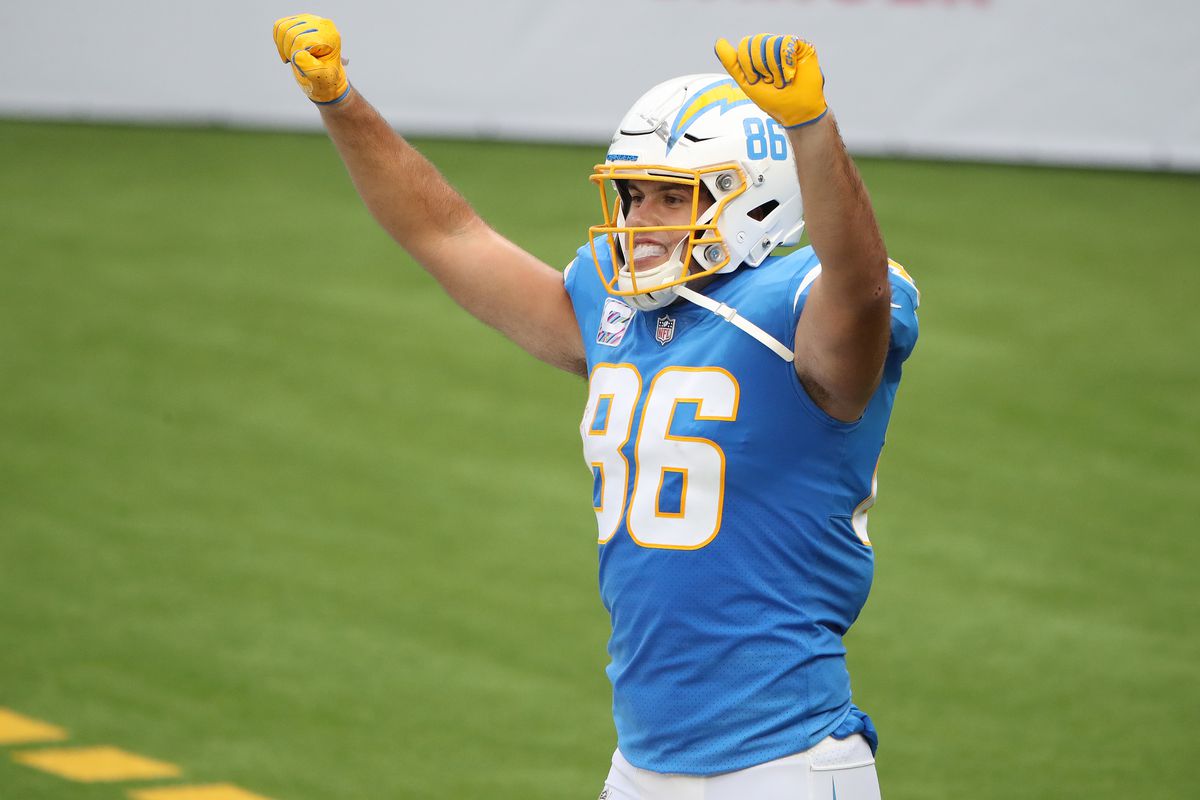 Hunter Henry #86 of the Los Angeles Chargers reacts against the Jacksonville Jaguars in the second quarter at SoFi Stadium on October 25, 2020 in Inglewood, California.
