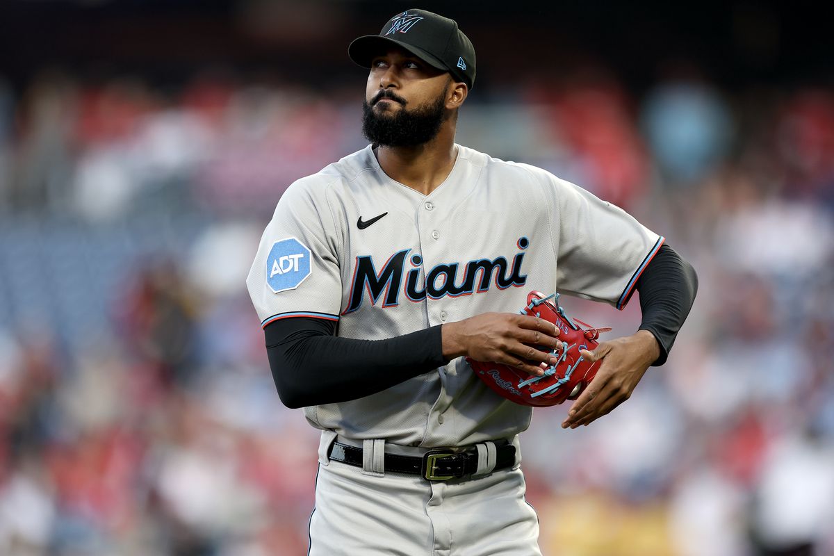 Sandy Alcantara of the Miami Marlins looks on during the first inning against the Philadelphia Phillies at Citizens Bank Park on April 10, 2023 in Philadelphia, Pennsylvania.