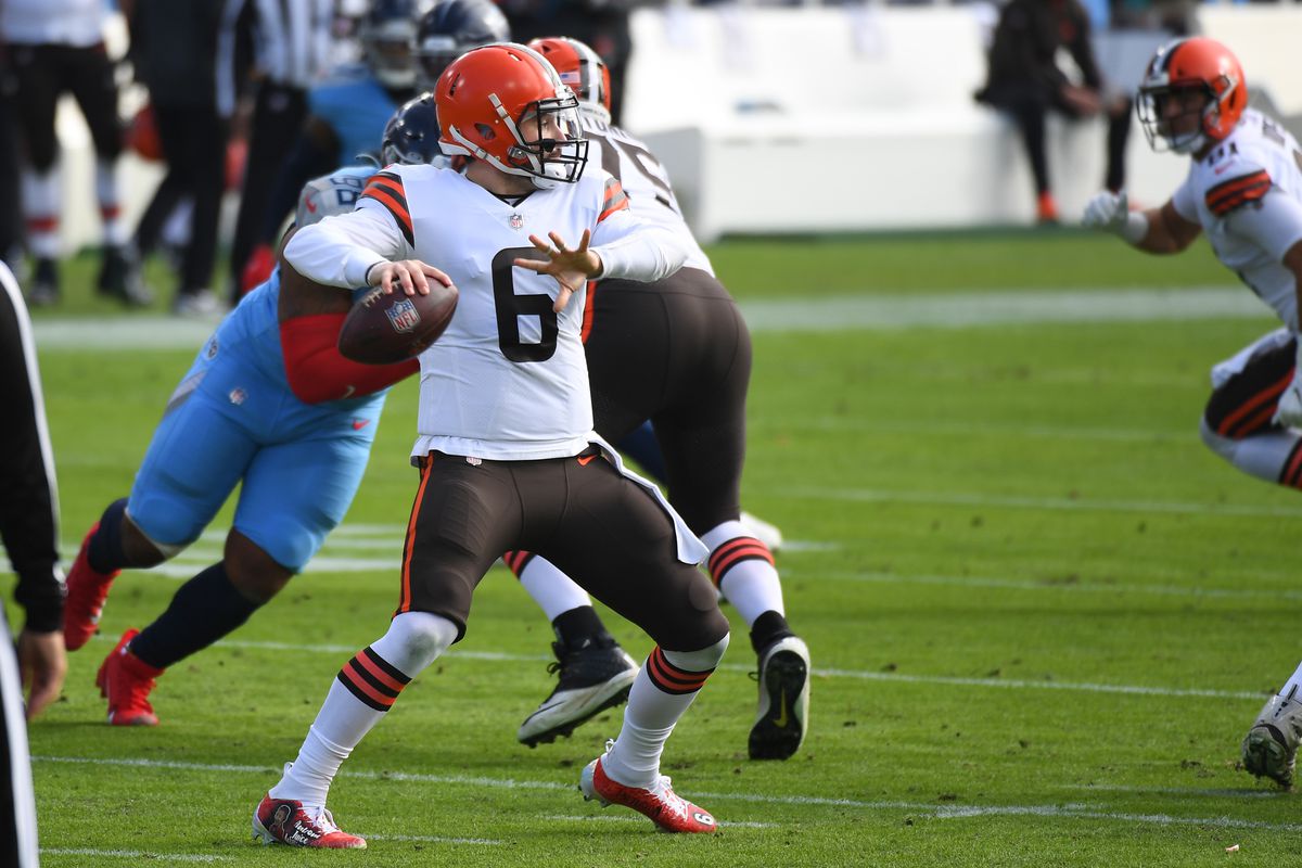 Cleveland Browns quarterback Baker Mayfield (6) attempts a pass during the first half against the Tennessee Titans at Nissan Stadium.
