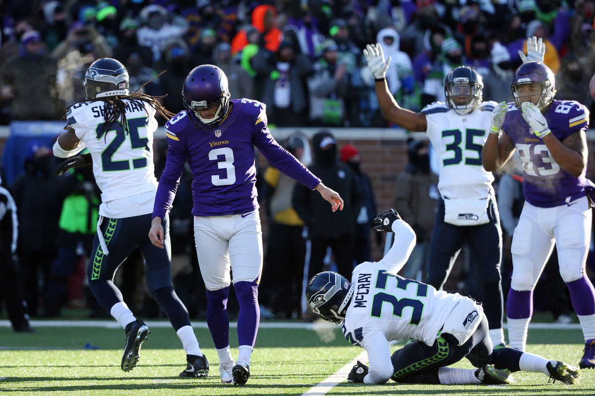 Blair Walsh of the Vikings after he missed the game-winning field goal.