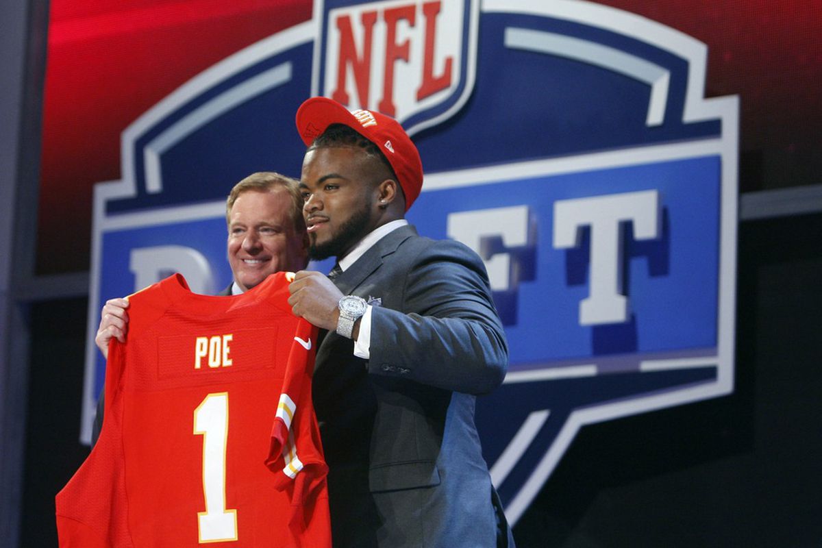 Apr 26, 2012; New York, NY, USA; NFL commissioner Roger Goodell introduces Dontari Poe (Memphis) as the number eleven overall pick to the Kansas City Chiefs in the 2012 NFL Draft at Radio City Music Hall. Mandatory Credit: Jerry Lai-US PRESSWIRE