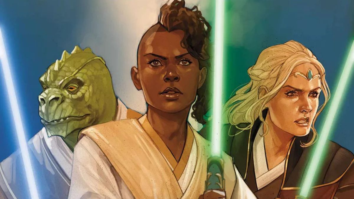 Three Jedi stand with lightsabers raised on the cover of Star Wars: The High Republic #1, Marvel Comics (2021). 