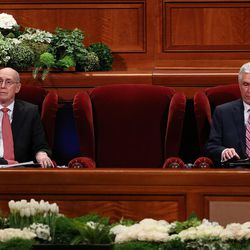 President Henry B. Eyring, first counselor in the First Presidency, left, and President Dieter F. Uchtdorf, second counselor in the First Presidency, wait for the meeting to start in the Conference Center in Salt Lake City during the afternoon session of the LDS Church’s 187th Annual General Conference on Sunday, April 2, 2017.