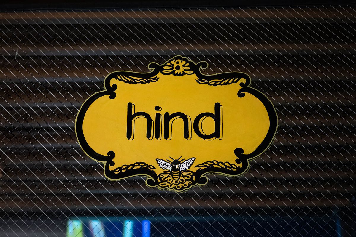 Hind restaurant sign at PleasureMed in West Hollywood, California.