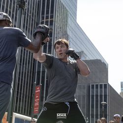 Chael Sonnen works out for fans outside Madison Square Garden