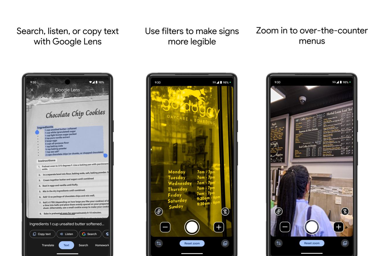 Three phones displaying the Magnifier app for Google Pixel phones.