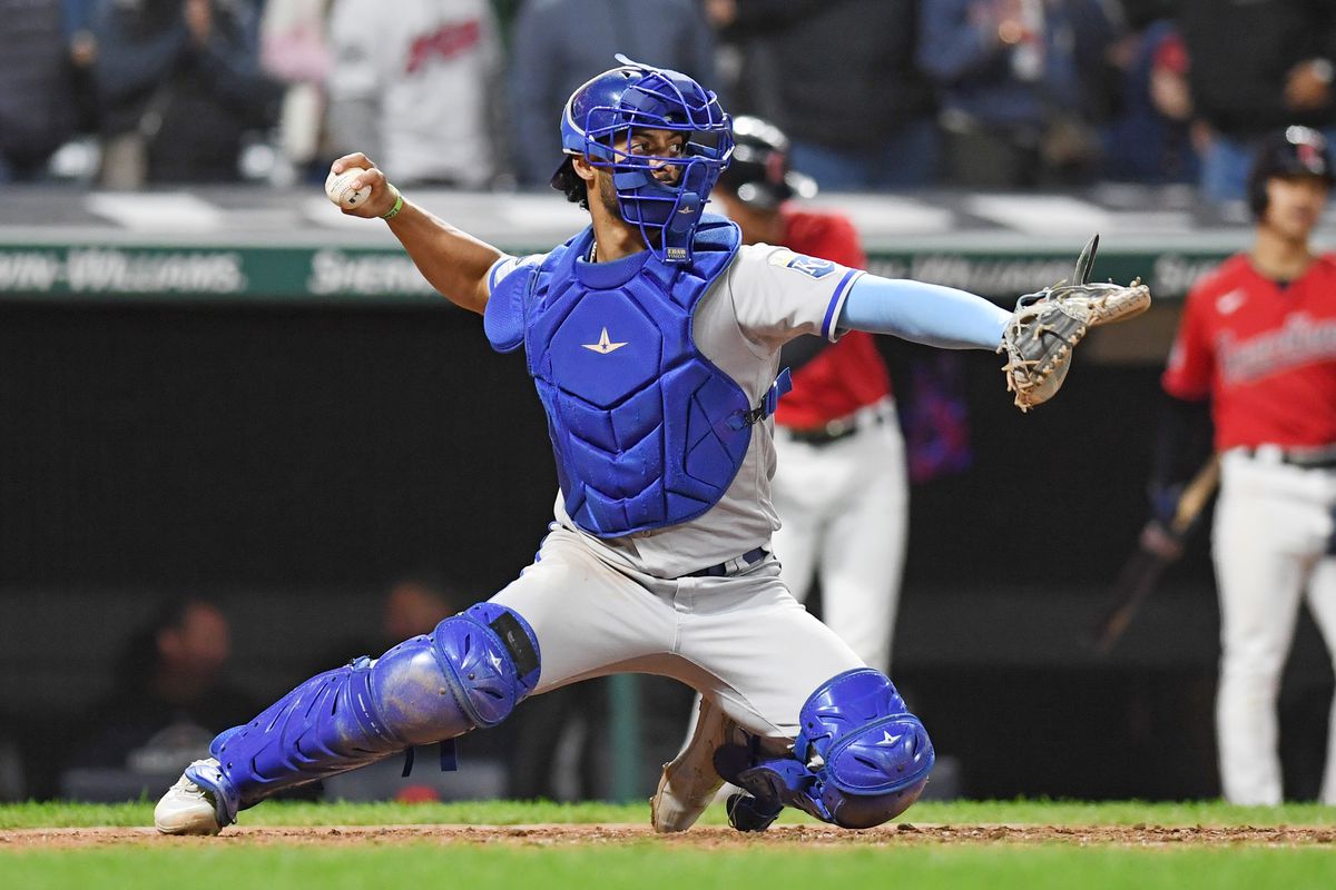 MJ Melendez #1 of the Kansas City Royals throws to second base during the seventh inning against the Cleveland Guardians at Progressive Field on October 3, 2022 in Cleveland, Ohio.