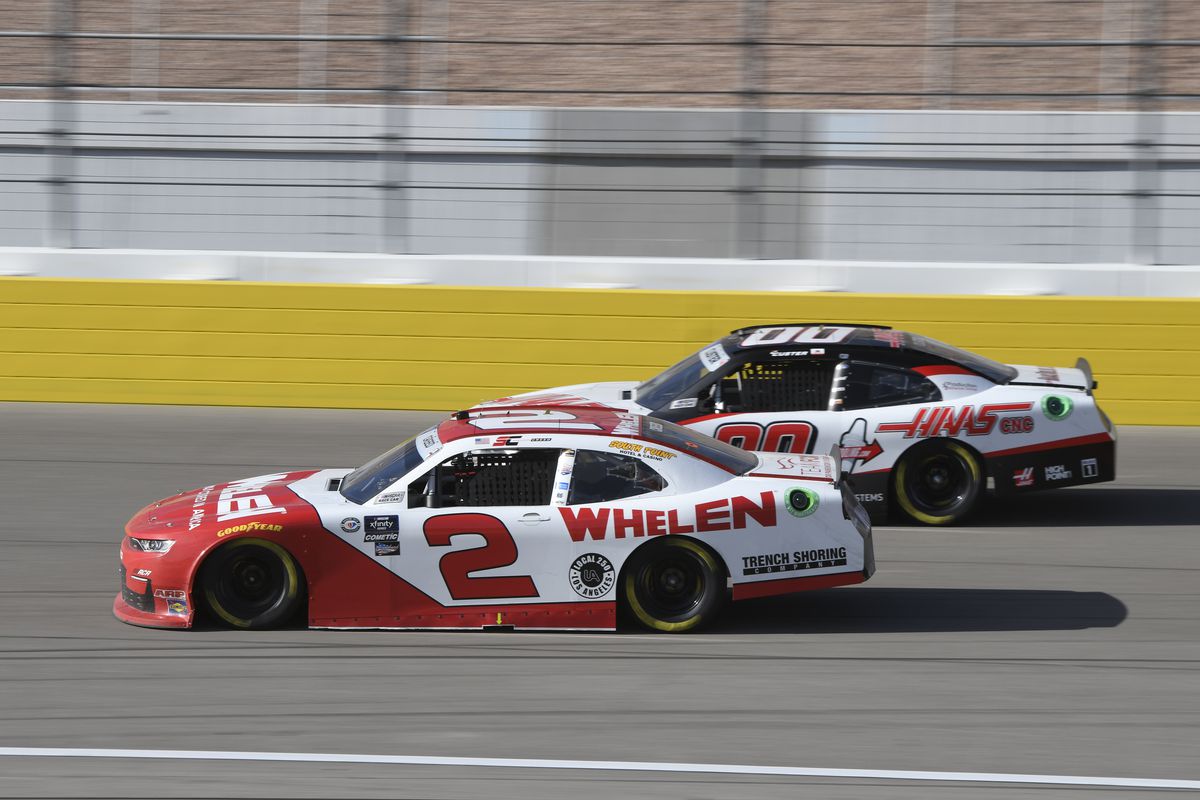 Sheldon Creed (#2 Richard Childress Racing Whelen Chevrolet) and Cole Custer (#00 Stewart Haas Racing Haas Automation Ford) race onto the front stretch during the NASCAR Xfinity Series Alsco Uniforms 300 on March 4, 2023, at the Las Vegas Motor Speedway in Las Vegas, Nevada.