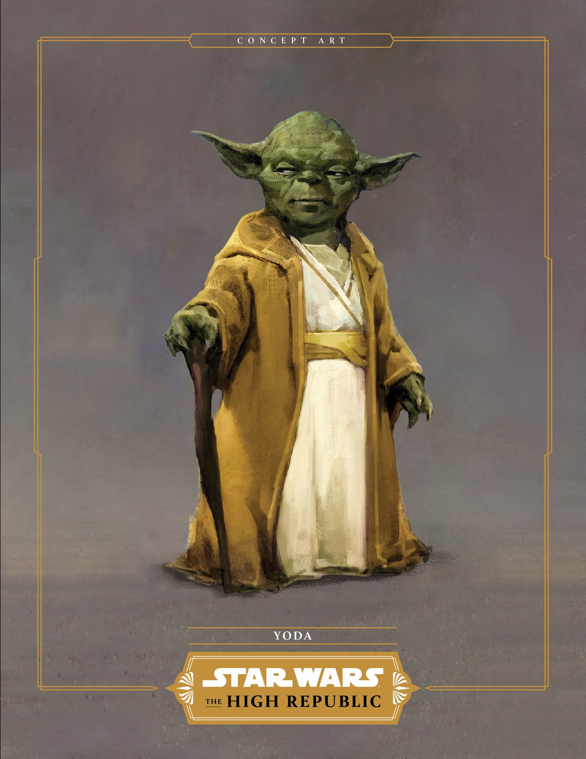 Yoda, with his wooden cane, in gold and white robes. 