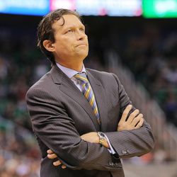 Utah Jazz head coach Quin Snyder walks onto the floor after calling timeout as the Jazz and the Lakers play Wednesday, Feb. 25, 2015, at EnergySolutions Arena in Salt Lake City.