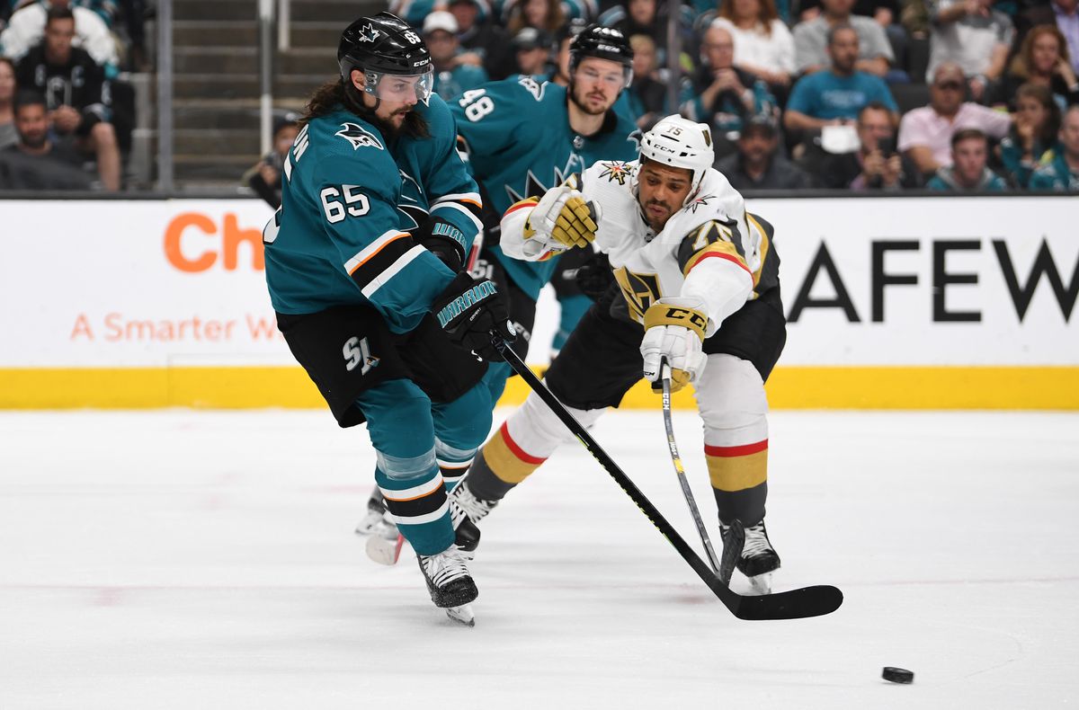 SAN JOSE, CA - APRIL 23: Erik Karlsson #65 of the San Jose Sharks skates during the second period against the Vegas Golden Knights in Game Seven of the Western Conference First Round during the 2019 Stanley Cup Playoffs at the SAP Center 