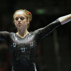 Utah's Breanna Hughes competes in the balance beam portion of a contest against UCLA at the Jon M. Huntsman Center on Saturday, Jan. 25, 2014.