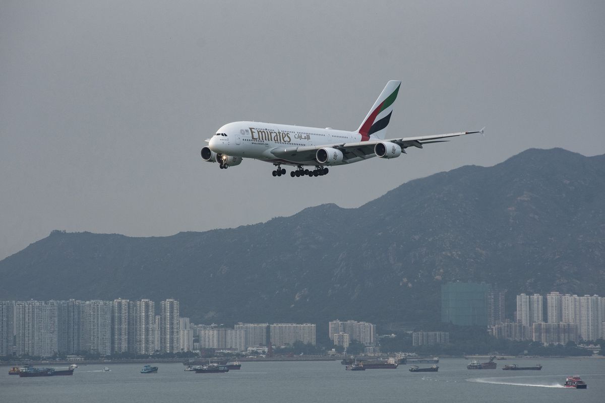 An Emirate Airbus A380 aircraft seen landing in Hong Kong...