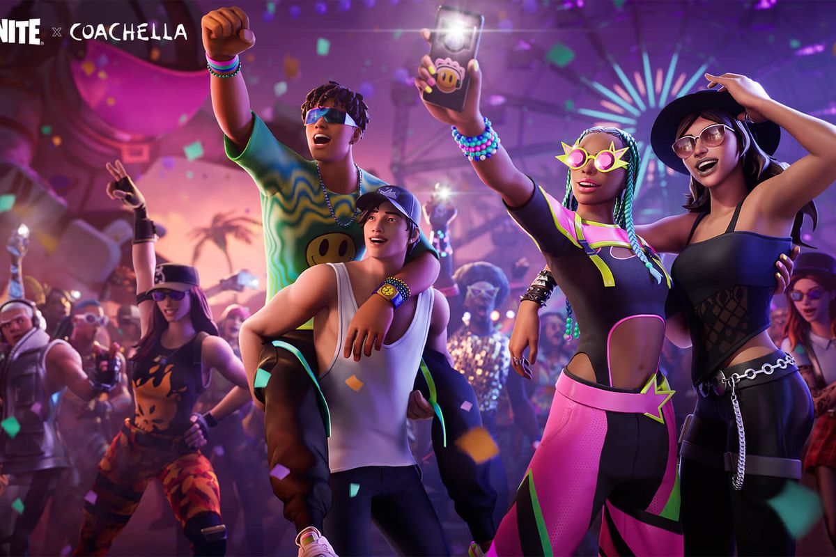 fortnite avatars wearing bright, festival-appropriate clothing, cheering on from a crowd
