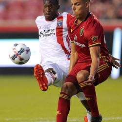 San Jose Earthquakes midfielder Fatai Alashe (27) kicks the ball away from Real Salt Lake midfielder Luis Silva (20) during play on Wednesday, Aug. 23, 2017.