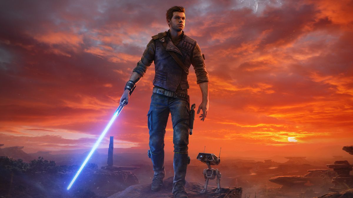 Cal Kestis stands with his lightsaber in his right hand, BD-1 at his left, in front of a sunset in artwork from Star Wars Jedi: Survivor