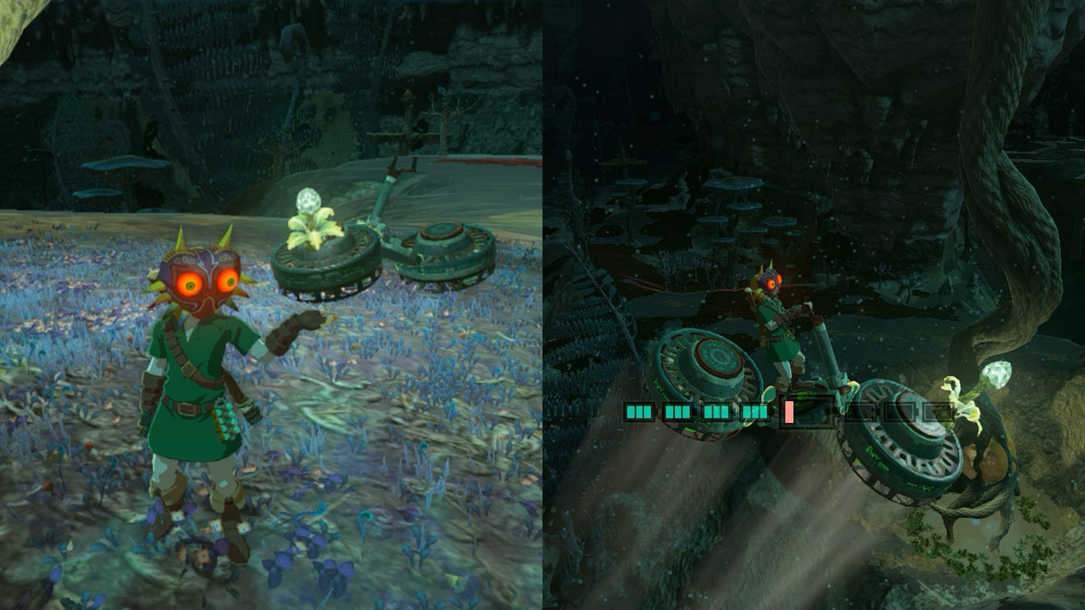 Link wearing a Majora’s Mask hat, in The Legend of Zelda: Tears of the Kingdom, pointing to his hoverbike, in the Depths.