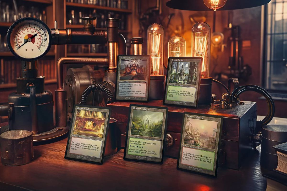 An image showing five Magic: The Gathering cards posed in a steampunk-style laboratory