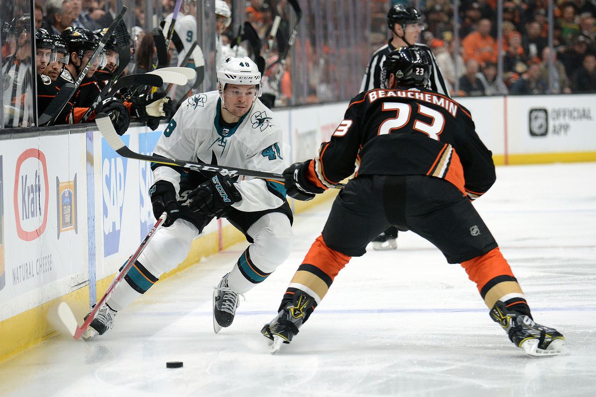Apr 12, 2018; Anaheim, CA, USA; San Jose Sharks center Tomas Hertl (48) moves the puck against Anaheim Ducks defenseman Francois Beauchemin (23) during the first period in game one of the first round of the 2018 Stanley Cup Playoffs at Honda Center.