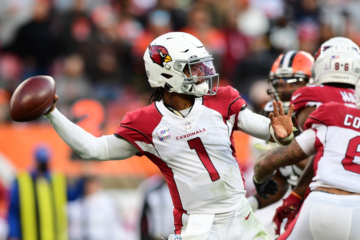 Kyler Murray #1 of the Arizona Cardinals throws the ball during the fourth quarter against the Cleveland Browns at FirstEnergy Stadium on October 17, 2021 in Cleveland, Ohio.