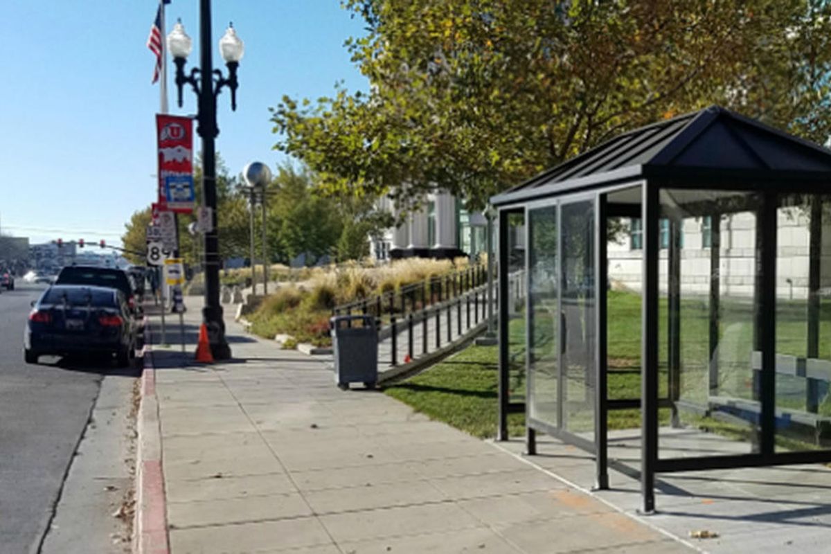 The Utah Transit Authority completed work on more than 200 shelters at bus stops along the Wasatch Front, including this one at the Matheson Courthouse on State Street in Salt Lake City.