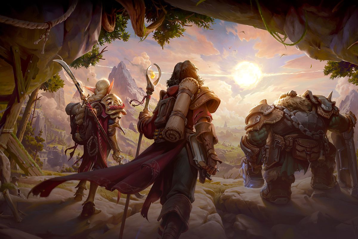 title art for IO Interactive’s next project, a fantasy RPG. Three figures are backlit by a setting sun; one appears to be an elf, another a human, a third a dwarf in bulky armor.