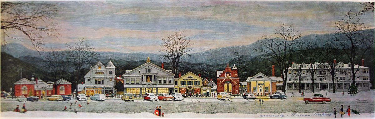 Post-war small-town in painter Norman Rockwell's "Home for Christmas (Stockbridge Main Street at Christmas) 1967" 