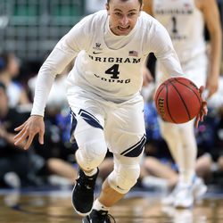 Brigham Young Cougars guard Nick Emery (4) pushes the ball up court after a steal as the BYU Cougars and San Diego Toreros play in WCC tournament action at the Orleans Arena in Las Vegas on Saturday, March 9, 2019. San Diego won 80-57.