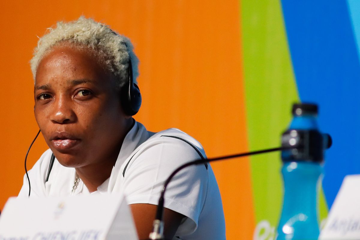 Yolande Mabika, a judoka (judo artist), at a press conference for the Refugee Olympic Team at the Rio Olympics.