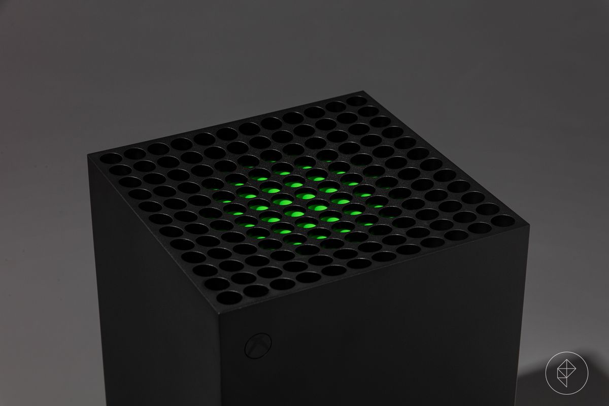 Xbox-X video game console photographed on a dark grey background