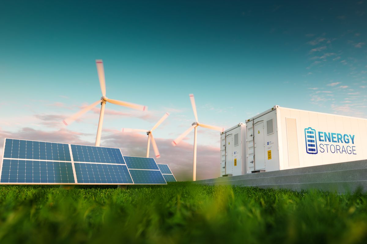 A photo-illustration of renewable energy sources, including solar panels and wind turbines.