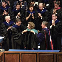 Margaret Thatcher receives an honorary doctorate from Brigham Young University, March 5, 1996.