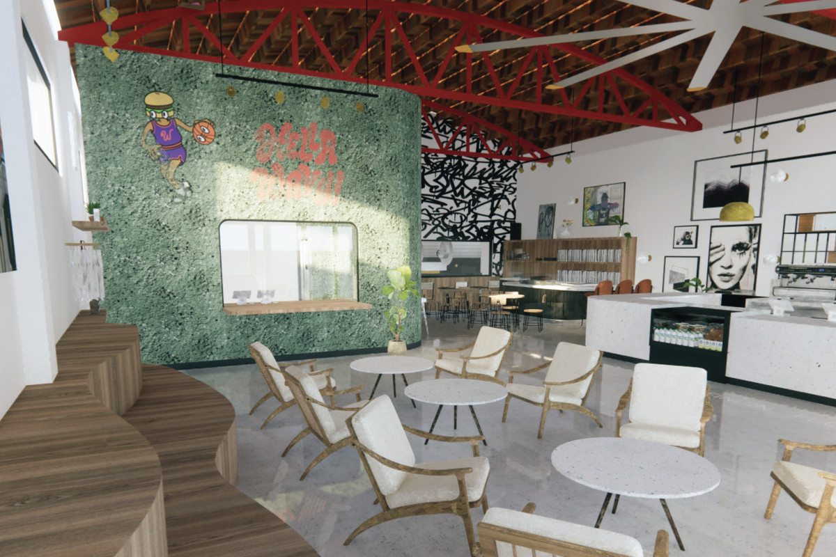 A rendering of a cafe.