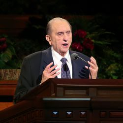 President Thomas S. Monson speaks during the priesthood session of the 185th Semiannual General Conference of The Church of Jesus Christ of Latter-day Saints Saturday, Oct. 3, 2015, in Salt Lake City.