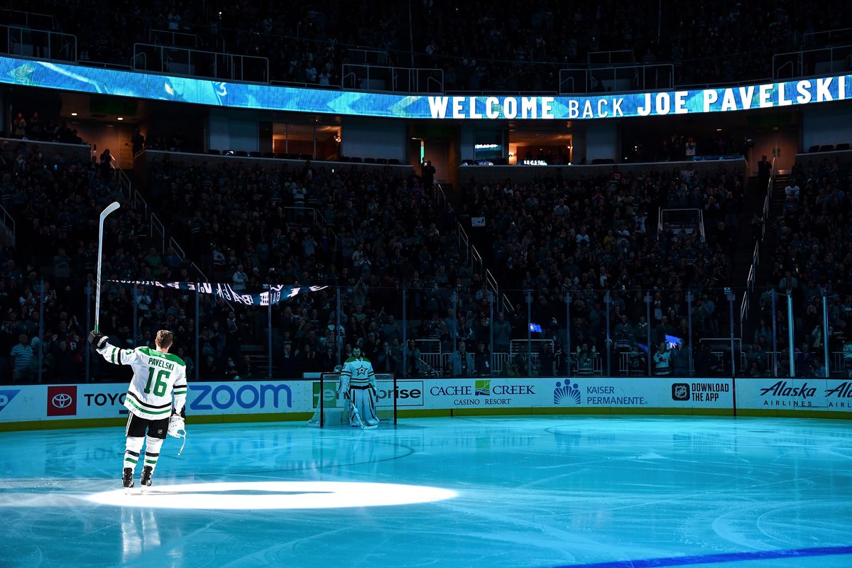 SAN JOSE, CA - JANUARY 11: Joe Pavelski #16 of the Dallas Stars is honored before his first game as a visitor against the San Jose Sharks at SAP Center on January 11, 2020 in San Jose, California.