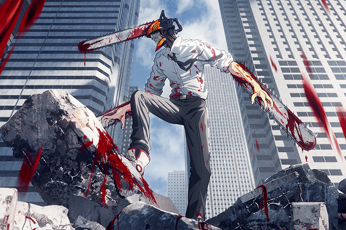 Key art visual of Denji in his full Chainsaw Man form standing over a pile of rubble flanked by towering skyscrapers in Chainsaw Man.