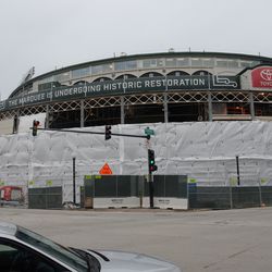 3:56 p.m. Another view of the front of the ballpark, at Clark and Addison -