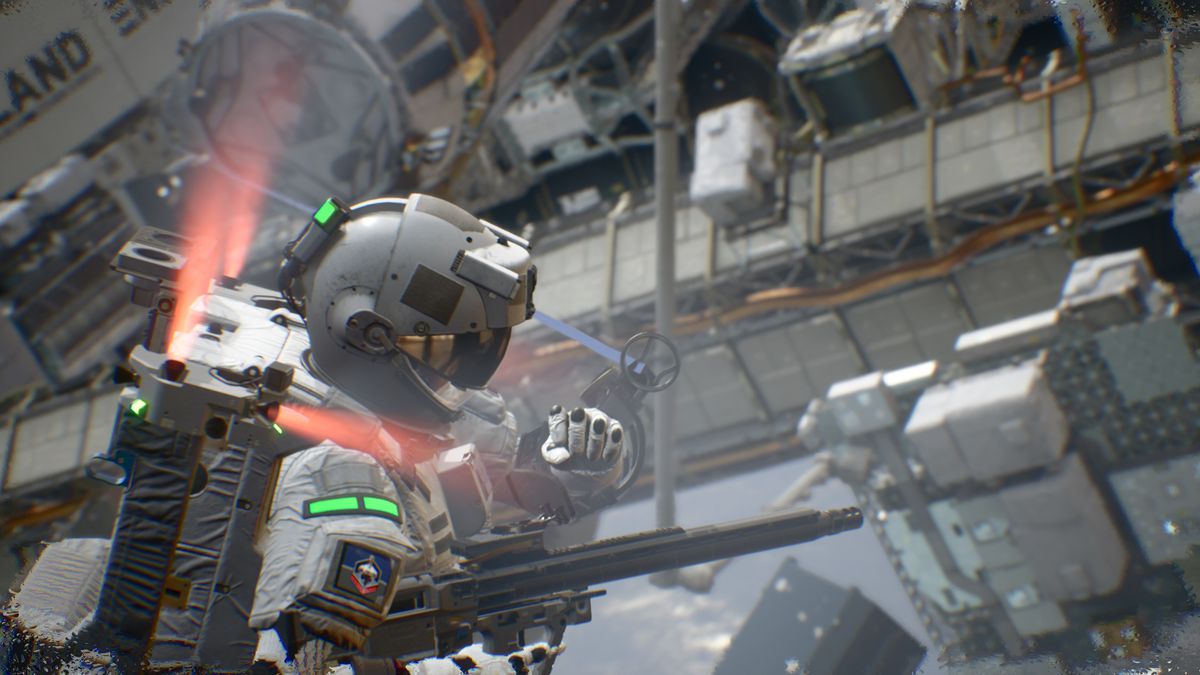 An astronaut on a space station with a gun