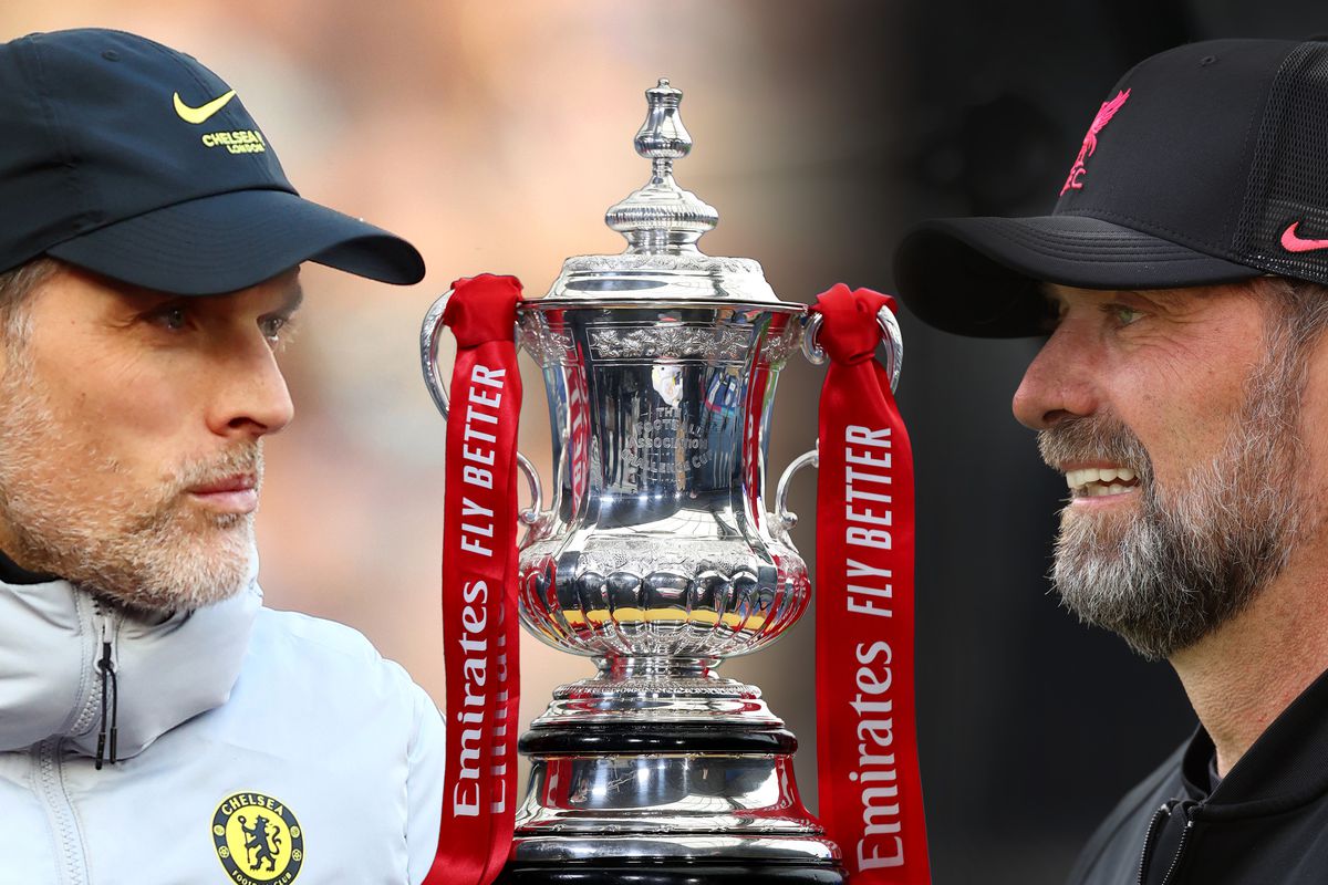 In this composite image: *LEFT IMAGE* Thomas Tuchel, Manager of Chelsea looks on prior to the EPL match between WHU and CHE at London Stadium (Photo by Julian Finney/Getty Images) *CENTER IMAGE* A detailed view of the Emirates FA Cup Trophy is seen prior to the Emirates FA Cup Quarter Final match between LEI and MNU *RIGHT IMAGE* Klopp, Manager of LIV looks on prior to the Premier League match between NEW and LIV.