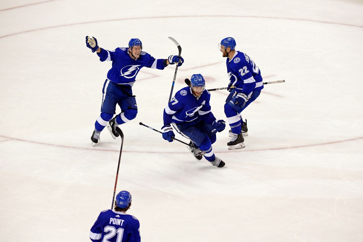 Tampa Bay Lightning defenseman Victor Hedman celebrates with his team after scoring a goal against the Boston Bruins during the second overtime period in game five of the second round of the 2020 Stanley Cup Playoffs at Scotiabank Arena.