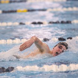 Kearns’ Noah R Crane swims in the men’s 500-yard freestyle at the 6A Swimming State Championships at Brigham Young University in Provo on Saturday, Feb. 19, 2022.