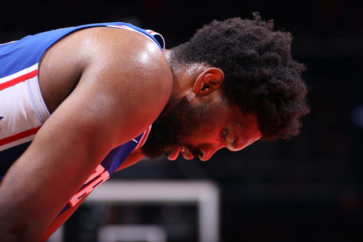 Joel Embiid of the Philadelphia 76ers looks on during Round 1, Game 4 of the 2021 NBA Playoffs on May 31, 2021 at Capital One Arena in Washington, DC.&nbsp;