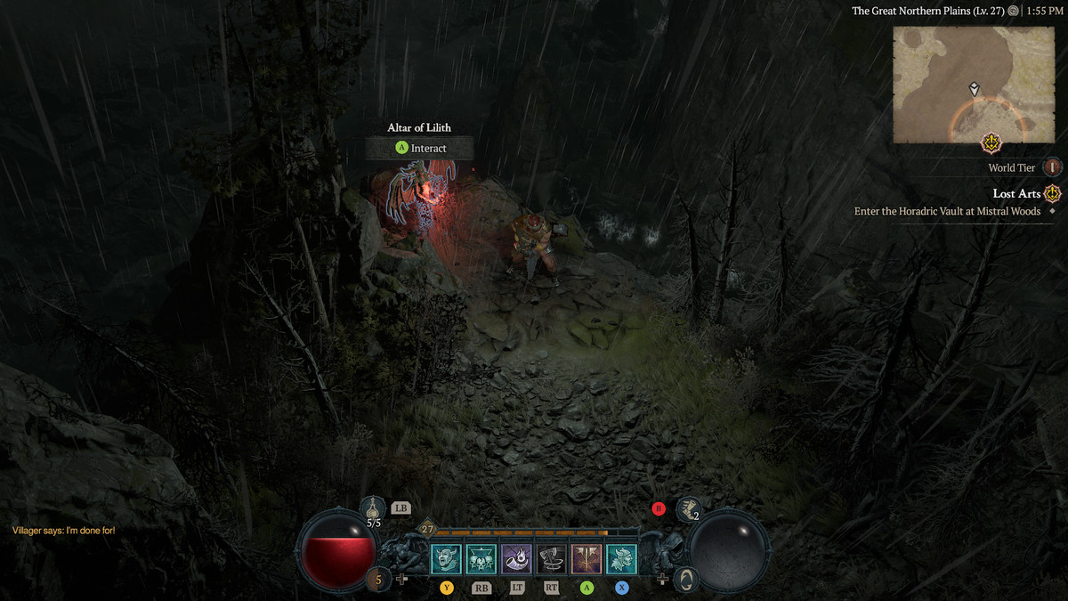 A Barbarian approaches the 5th Altar of Lilith in Scosglen in Diablo 4