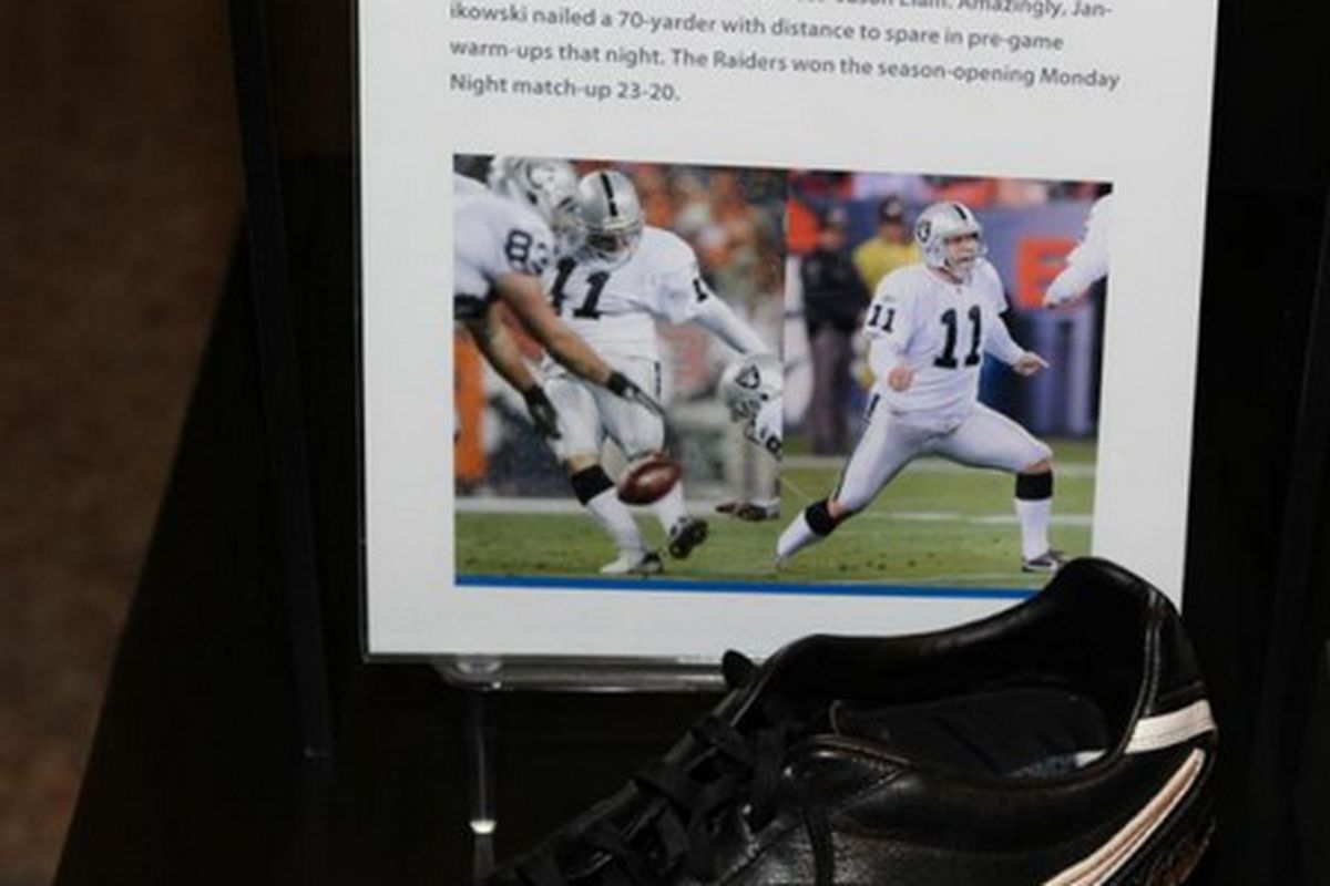 Sebastian Janikowski's shoe worn for his record-tying 63-yard field goal in Pro Football Hall of Fame (photo by Oakland Raiders)