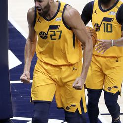 Utah Jazz center Rudy Gobert (27) reacts to a personal foul being called against him, before the call was challenged and reversed, during an NBA game against the Charlotte Hornets at the Vivint Smart Home Arena in Salt Lake City on Monday, Feb. 22, 2021. The Jazz won 132-110.