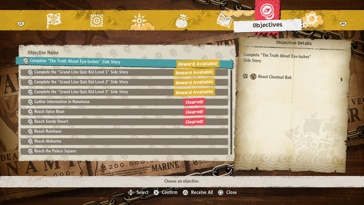 The One Piece Odyssey Objectives menu with four ready to turn in for their rewards.